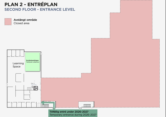 Karta över Universitetsbiblioteket under renoveringen 2026-2027