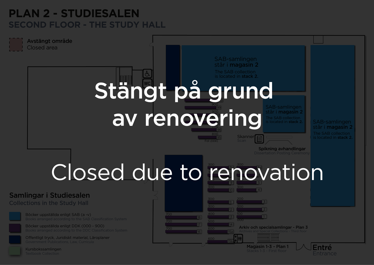 Karta över Universitetsbiblioteket under renoveringen 2026-2027