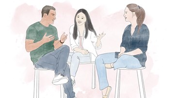 Illustration av tre studenter, en man och två kvinnor. De siter på pallar och samtalar med varandra.