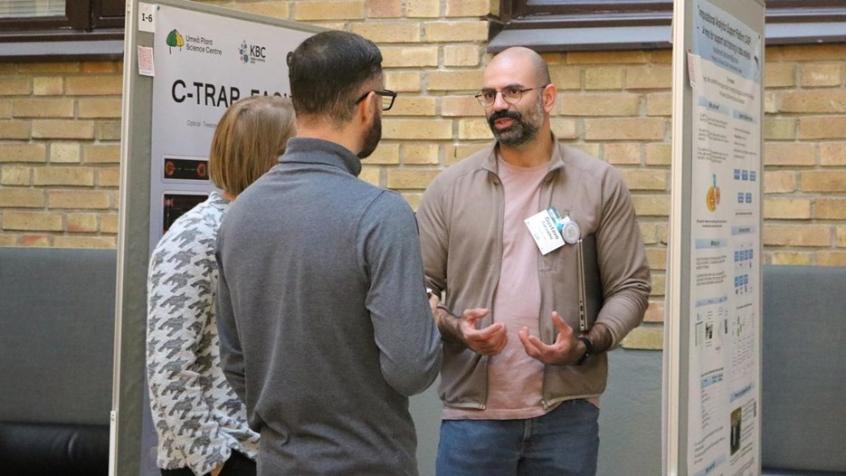 A group of people standing by their posters talking.