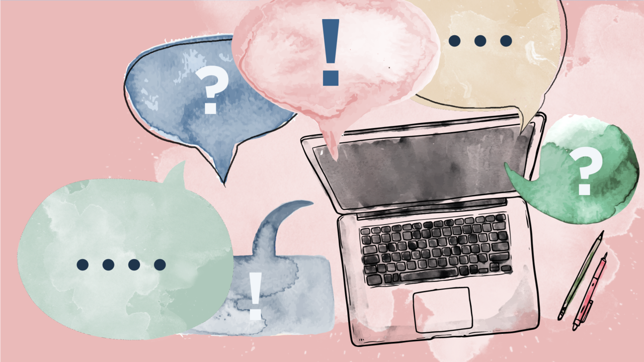 Illustration av dator med pratbubblor med symboler för frågor och svar.