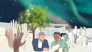 Illustration av medarbetare som samarbetar och pratar med lindellhallen och norrsken i bakgrunden.