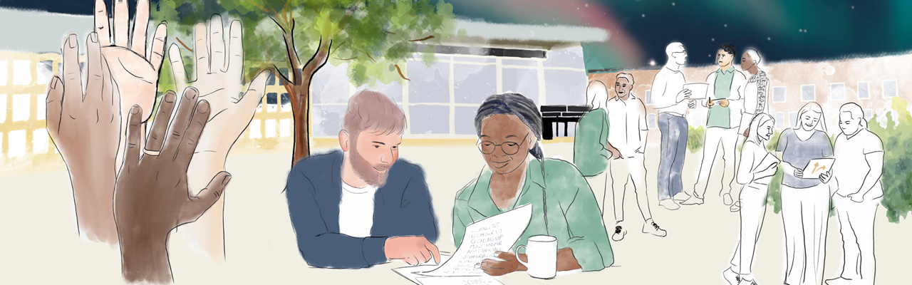 Illustration av medarbetare som samarbetar och pratar med lindellhallen och norrsken i bakgrunden.