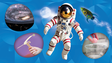 Collage med astronaut, badbomb och pappershelikopter till Curiosums sportlov 2024.