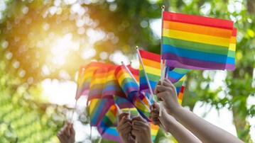 Flera händer håller upp prideflaggor.