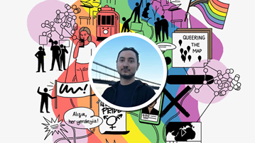 A picture of Onur in front of illustrations and rainbows.