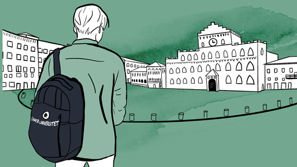 Person med Umeå universitetsväska anländer till ett äldre universitet.