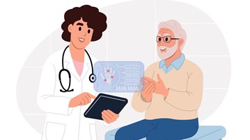 Läkare som undersöker en äldre man med artrit.