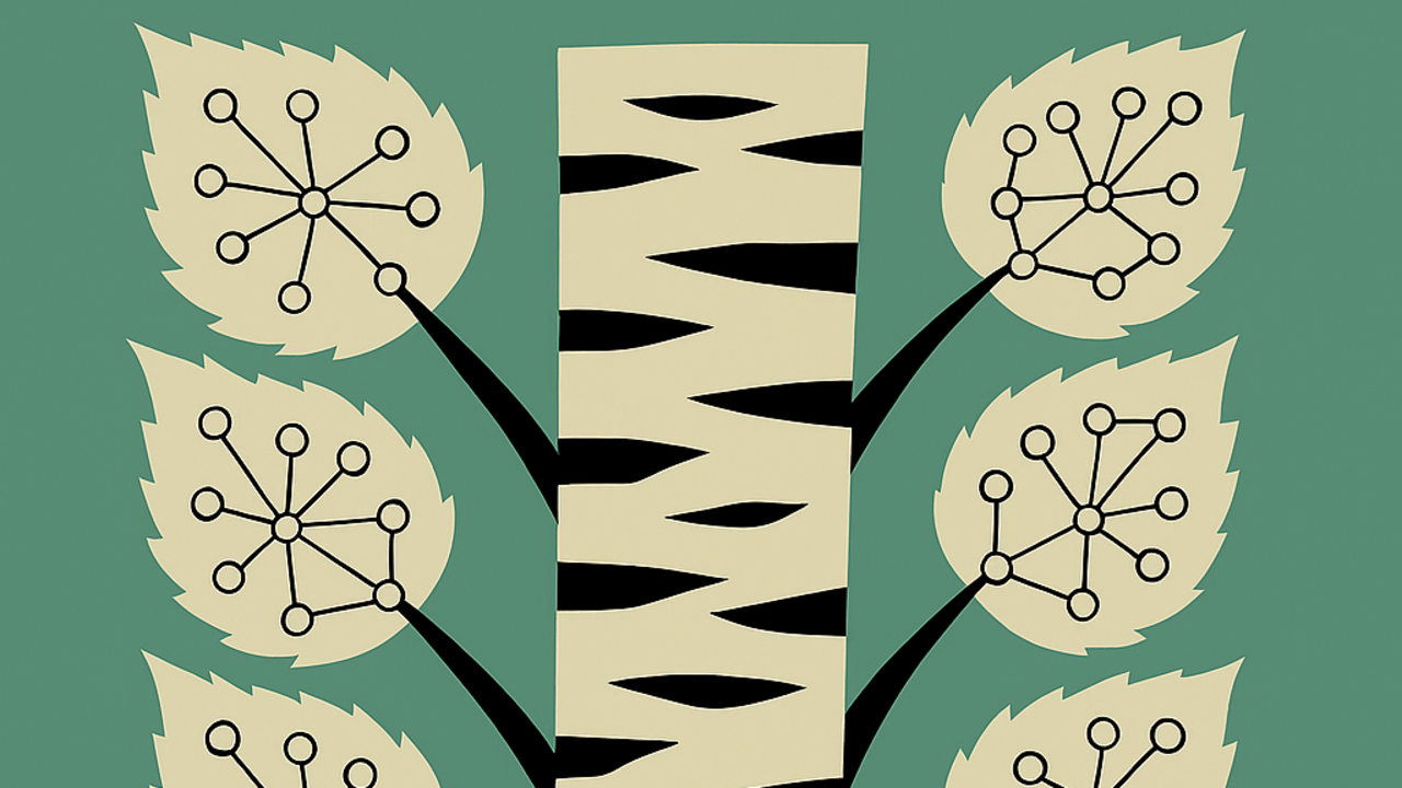 Stiliserad illustration av en björkstam i mitten med ljus bark och mörka, oregelbundna märken. Runt stammen syns flera symmetriskt placerade blad i gröna och beige toner. Inuti varje blad finns ett grafiskt mönster som liknar noder och linjer i ett nätverk, med cirklar sammankopplade av streck. Bakgrunden är en jämn, grön färg och hela bilden har en platt, dekorativ design.