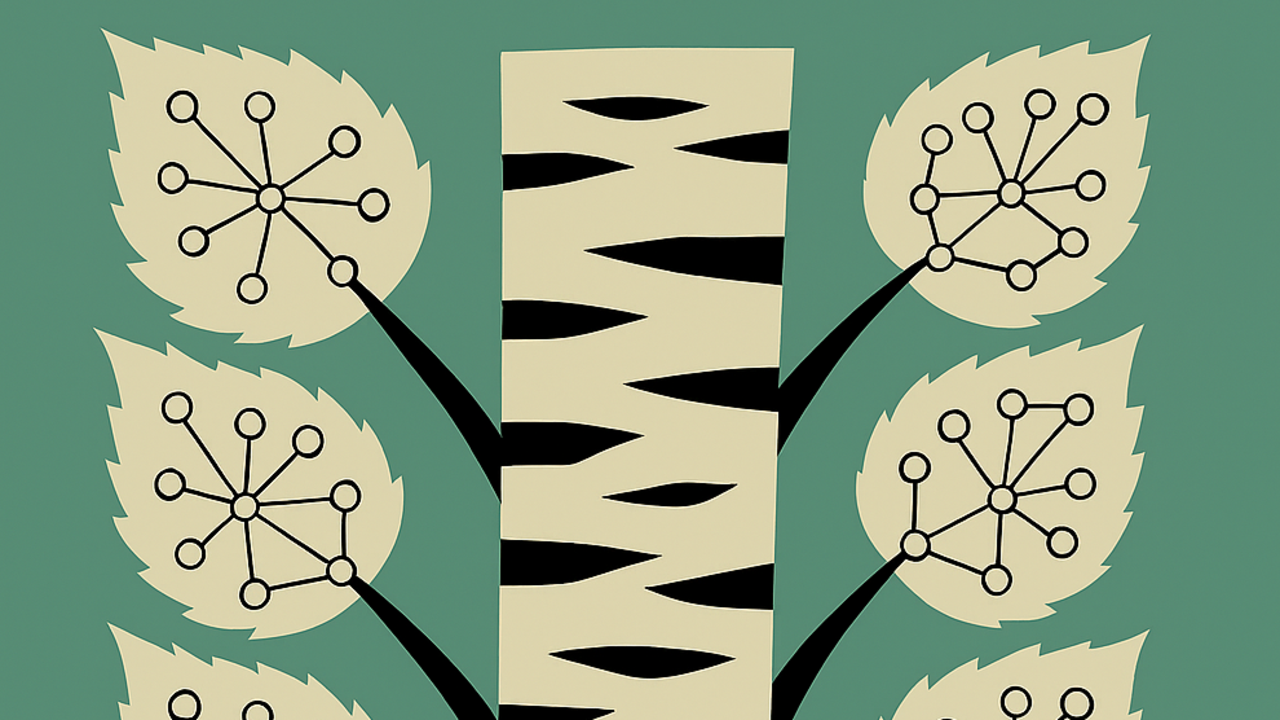 Stiliserad illustration av en björkstam i mitten med ljus bark och mörka, oregelbundna märken. Runt stammen syns flera symmetriskt placerade blad i gröna och beige toner. Inuti varje blad finns ett grafiskt mönster som liknar noder och linjer i ett nätverk, med cirklar sammankopplade av streck. Bakgrunden är en jämn, grön färg och hela bilden har en platt, dekorativ design.