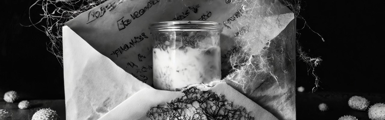 Firefly entangled microbes with an old unfolded letter envelope filled with yoghurt inside.