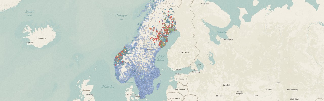 Map of the Nordic countries with dots in many colours marking places with churches.