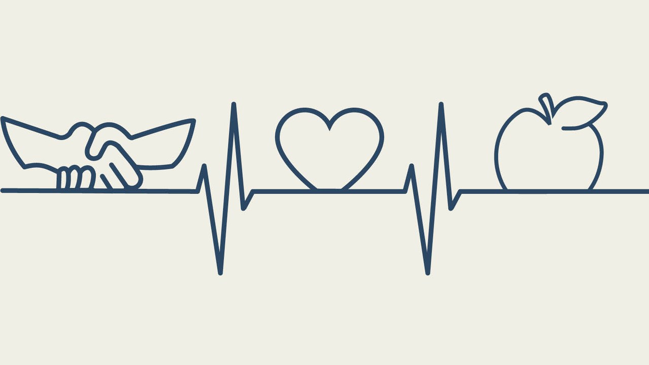EKG-kurva med ett hjärta, äpple och handslag