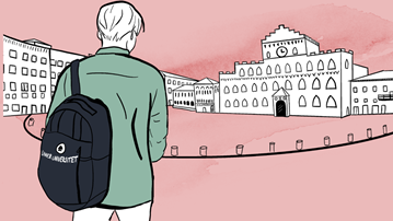 Person med Umeå universitetsväska anländer till ett äldre universitet.