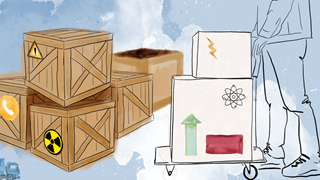 Illustration, trälådor, kartonger som skickas via flyg eller lastbil.