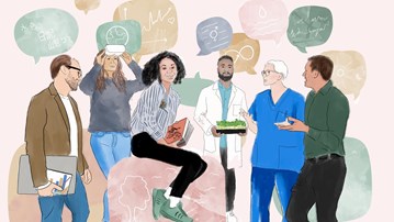 Illustration över sex personer som representerar olika fakulteter.