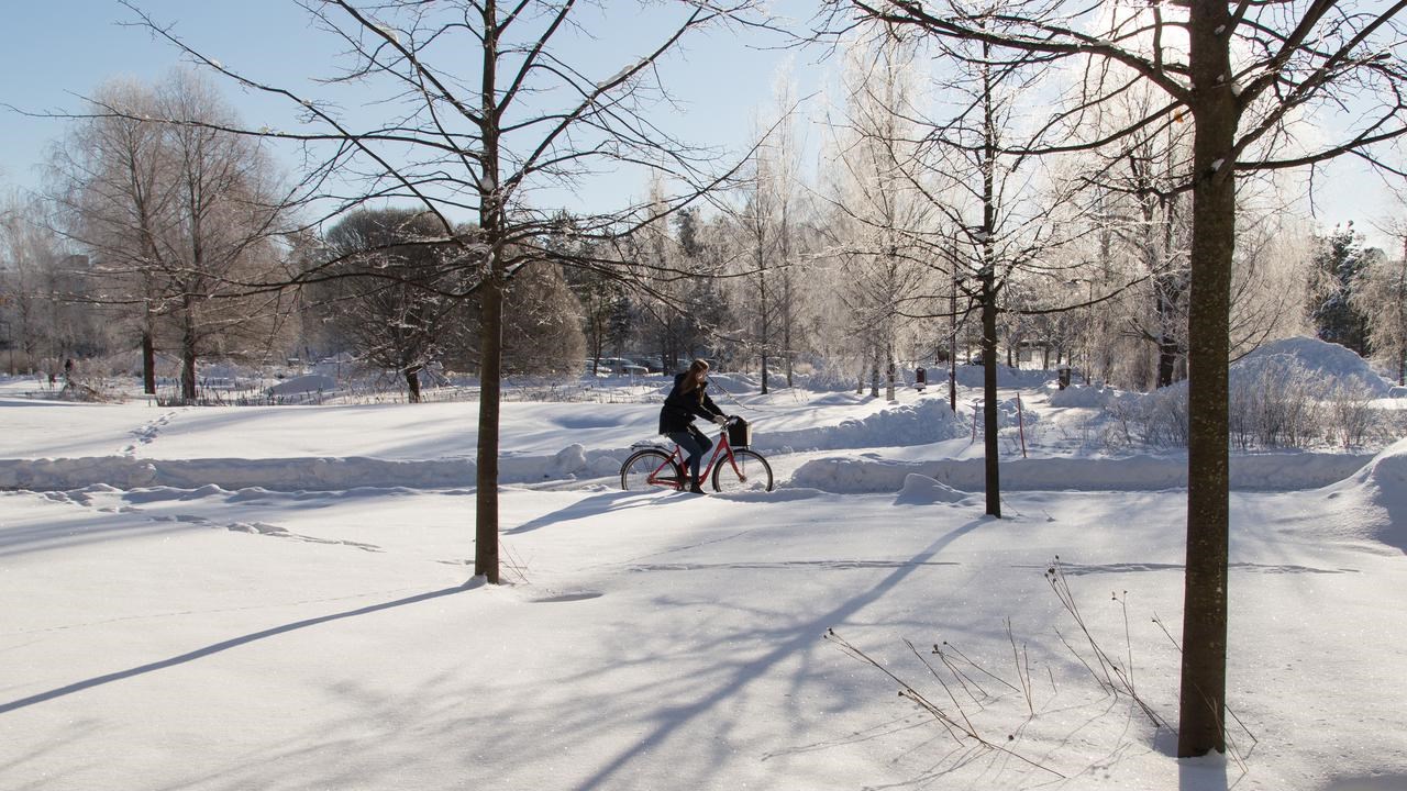 Bild på cyklist på vintercampus