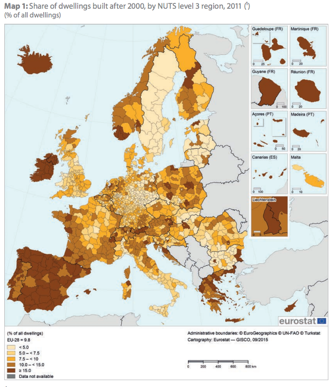 Kartbild över byggandet i Europa (Eurostat).