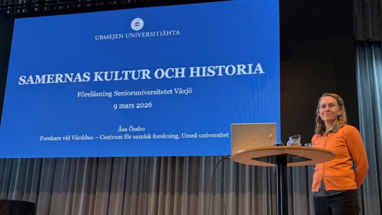 En kvinna st&aring;r p&aring; ett podium framf&ouml;r en sk&auml;rm.