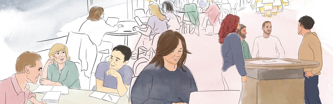 Illustrerad bild av många människor i olika studiesituationer i humanisthuset