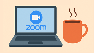 illustrerad bärbar dator med zoomloggan på skärmen och en rykande kaffekopp bredvid datorn