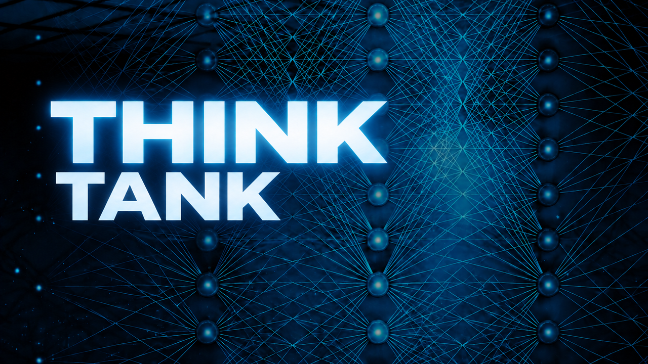 Think Tank i lysande, vit text mot en blå bakgrund med nätverk kopplade