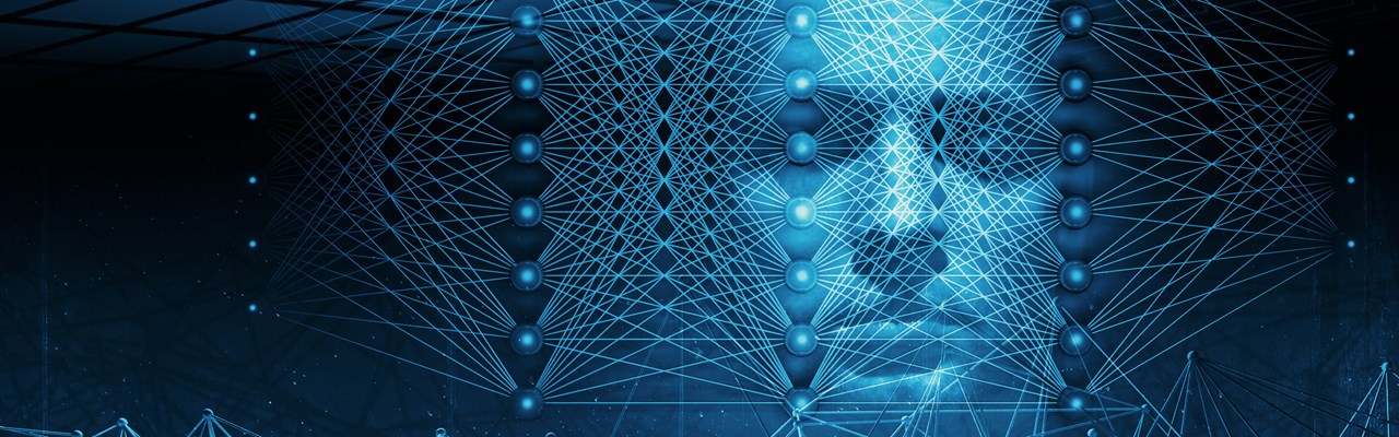 3D-illustration med neurala nätverk och ett blått människoansikte för att illustrera artificiell intelligens.