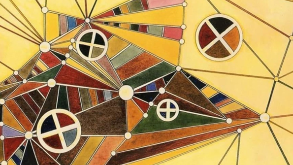 Konstverk av Kandisnsky, abstrakt mönster i gula och röda toner bestående av trianglar och cirklar