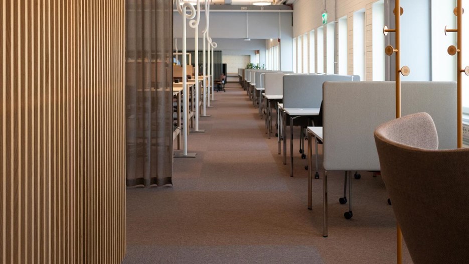 Desks and armchairs near the windows.