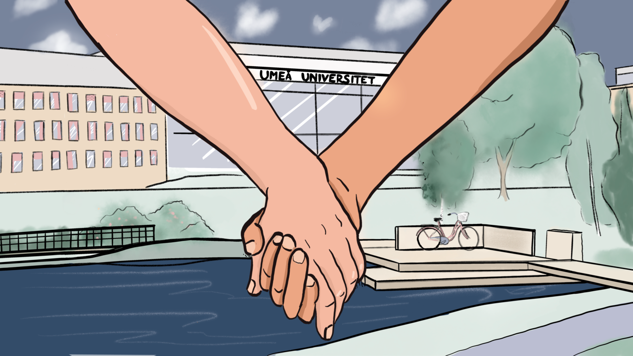 Två händer som håller om varandra i förgrunden framför Lindellhallen/Umeå universitet och