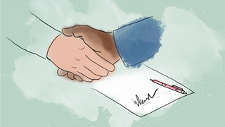 Illustration, handslag och underskrift