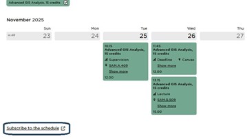 A section of the student website where the link to subscribe to the schedule is marked with a red box.