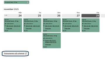 Ett utsnitt från studentwebbens startsida där länken för att prenumerera på schemat är markerad med en röd ruta.