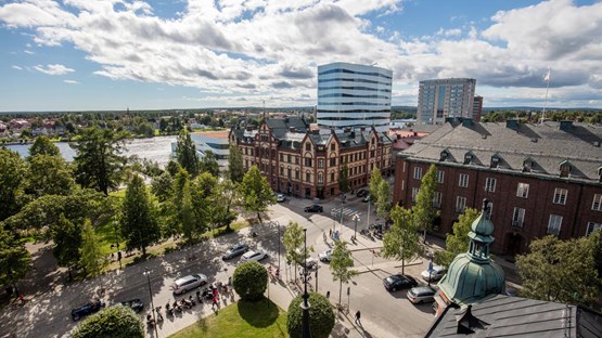 Umeå skyline with a park in the foreground and the cultural centre in the background.