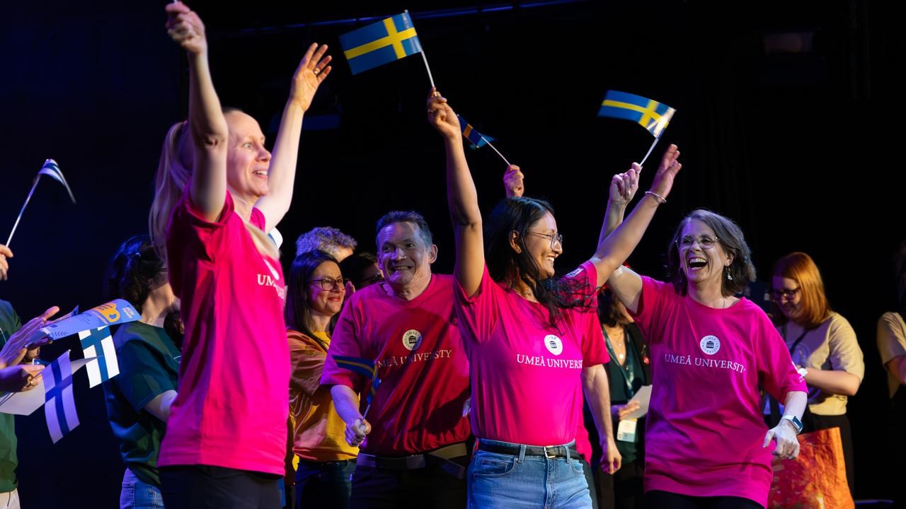 A group of people in pink shirts holding flags.