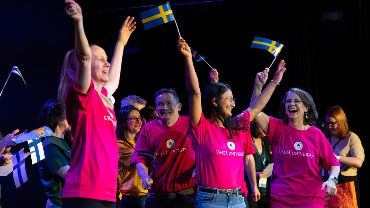 A group of people in pink shirts holding flags.