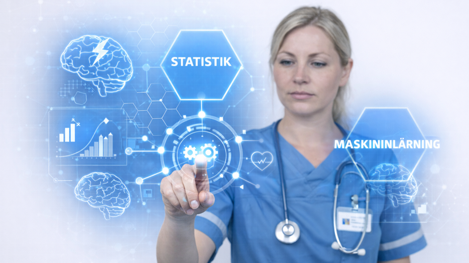 En kvinna i operationskläder pekar på ett medicinskt diagram.