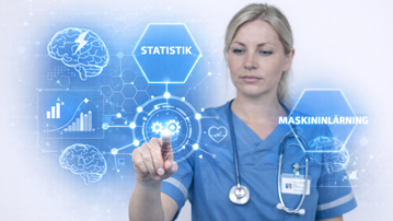 En kvinna i operationskläder pekar på ett medicinskt diagram.