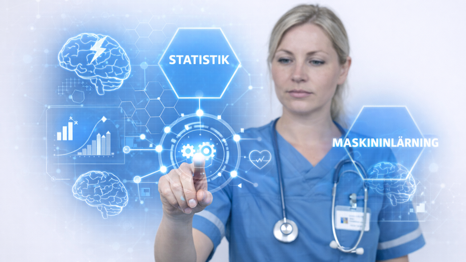 A woman in surgical attire points to a medical chart.