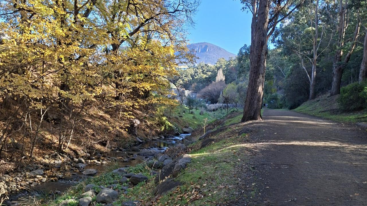 Naturbild med grusväg och berg i bakgrunden.