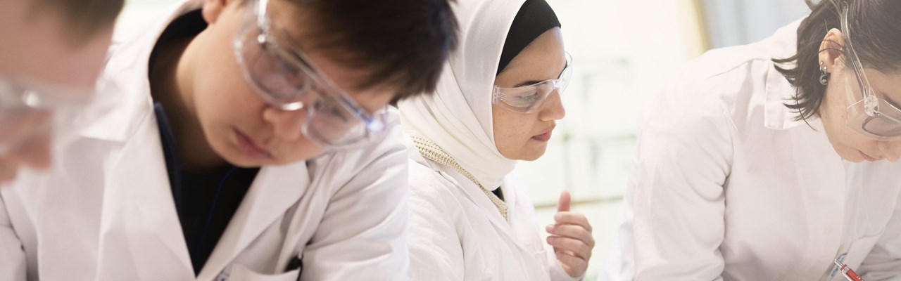 Bild på fyra studenter som för anteckning under en kemilaboratoration.