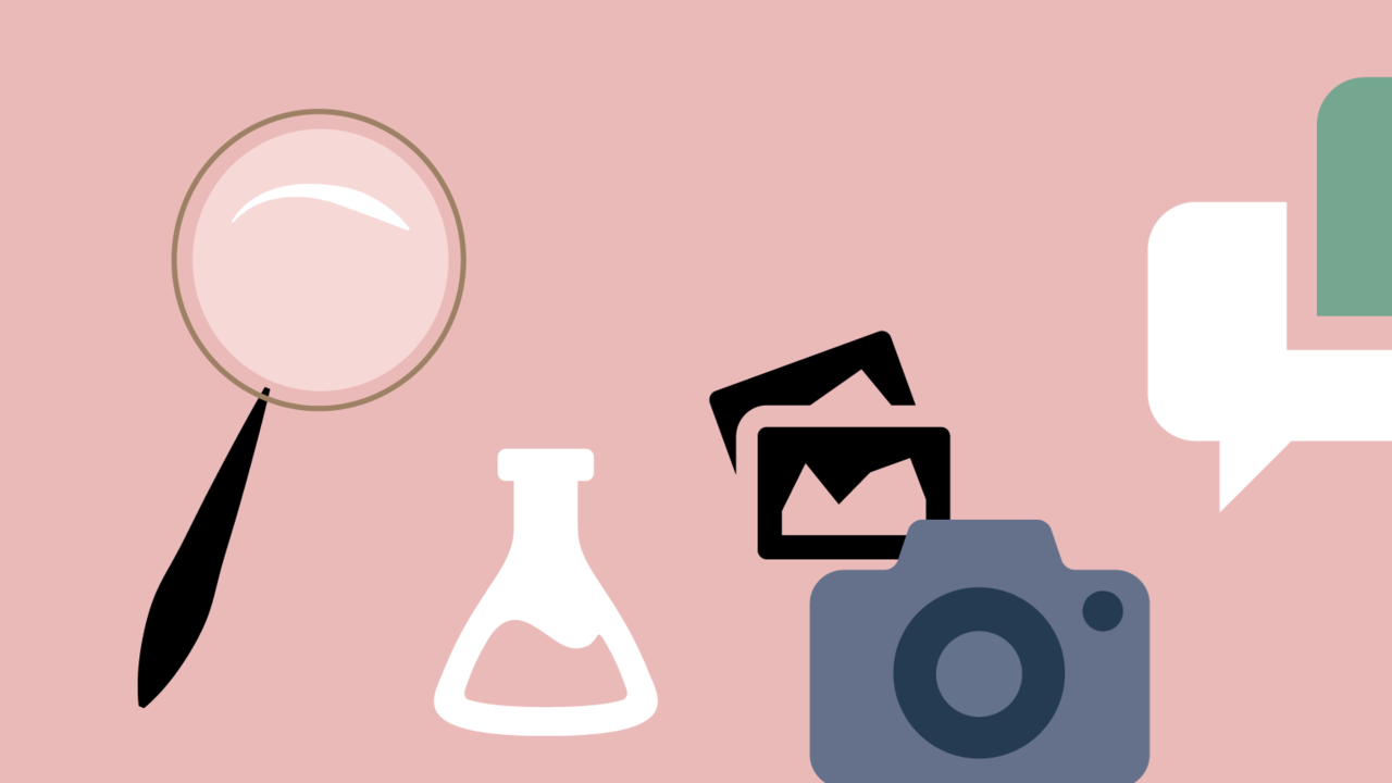 Illustration av förstoringsglas, kamera och pratbubblor