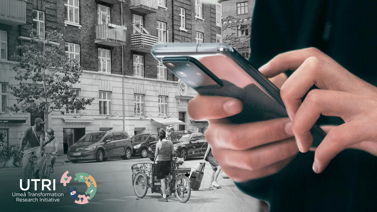 Kollage av en stadsgata med människor som cyklar och rör sig bland bostadshus, kombinerat med en närbild av händer som använder en smartphone. UTRI:s logotyp (Umeå Transformation Research Initiative) syns i ett hörn.