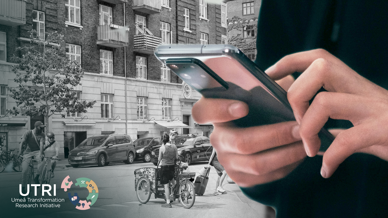 Kollage av en stadsgata med människor som cyklar och rör sig bland bostadshus, kombinerat med en närbild av händer som använder en smartphone. UTRI:s logotyp (Umeå Transformation Research Initiative) syns i ett hörn.