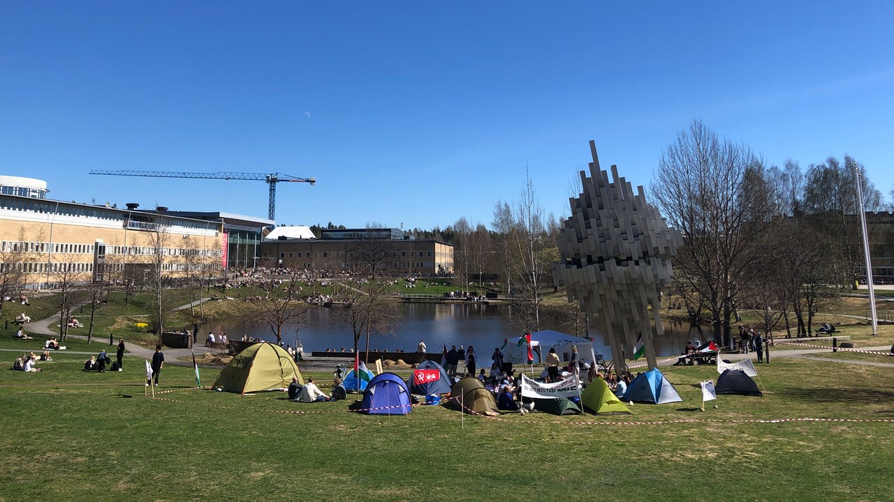 Tents placed on the grass in front of the pond on Campus Umeå.