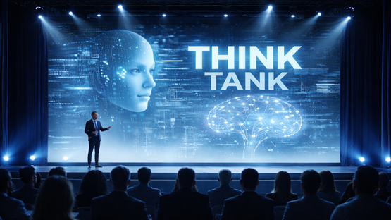 ai genererad bild av man på scen. det står think tank på skärmen