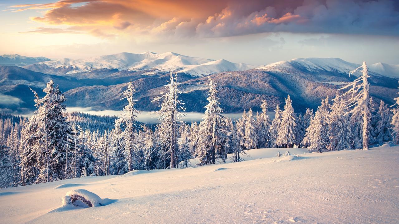 Färgstarkt vinterlandskap i soluppgång.
