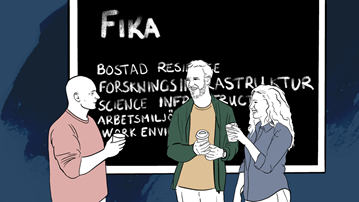 illustration av människor som fikar framför en svart tavla
