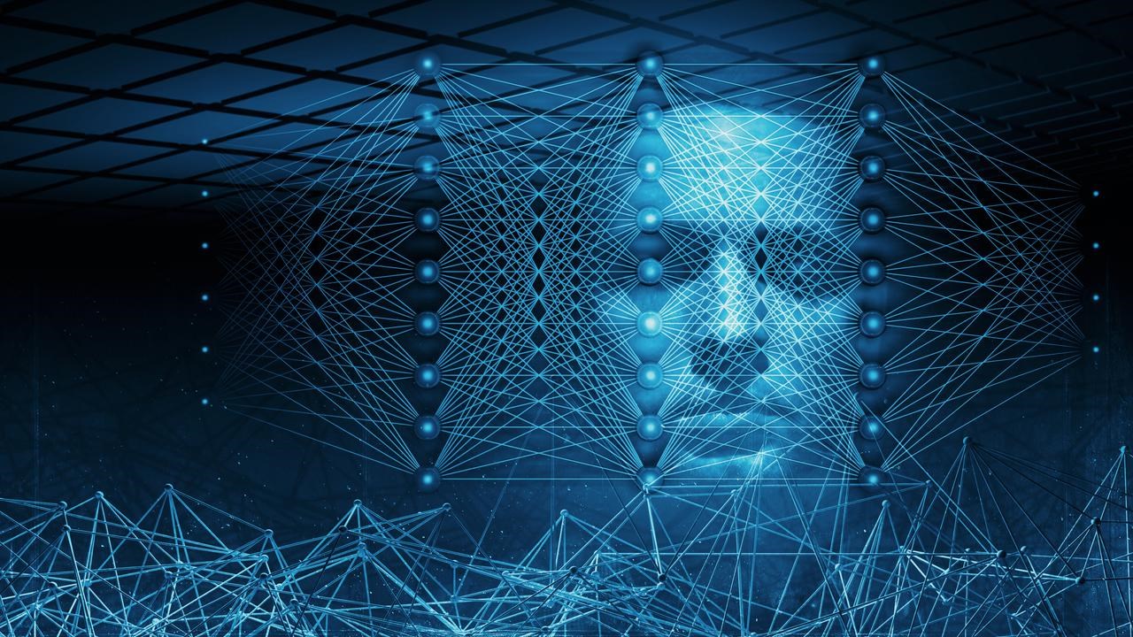 3D-illustration med neurala nätverk och ett blått människoansikte för att illustrera artificiell intelligens.
