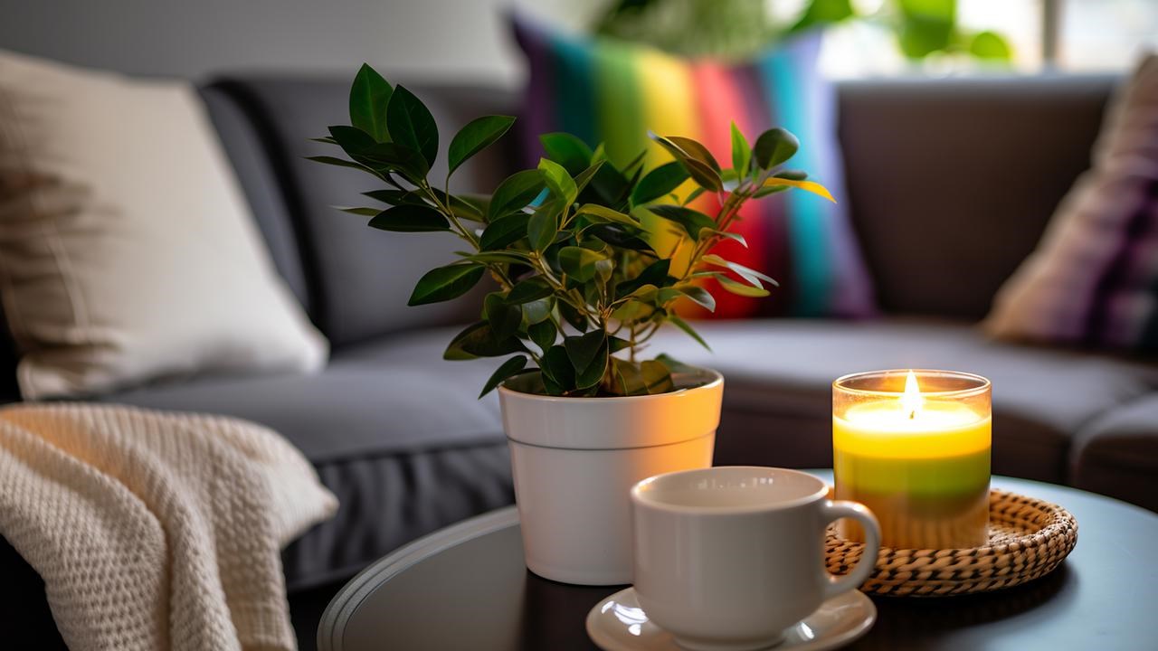 En soffa med mjuka kuddar, varav en regnbågsfärgad. Soffbordet har en krukväxt, en kaffekopp och ett tänt ljus.